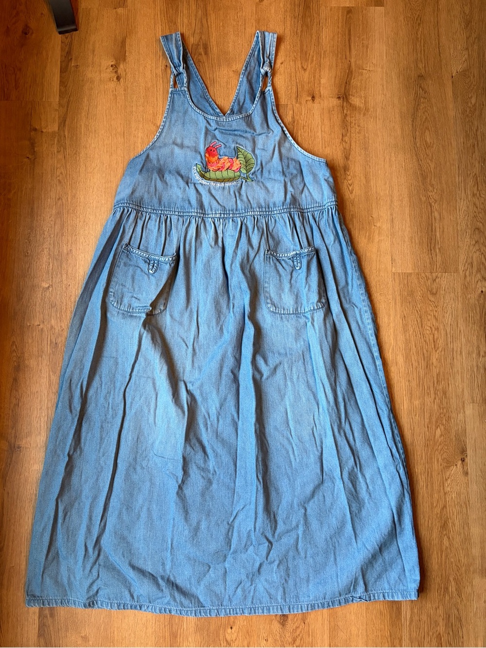 Vintage 90s Desert Heat Caterpillar Denim Jumper Dress L Teacher Halloween